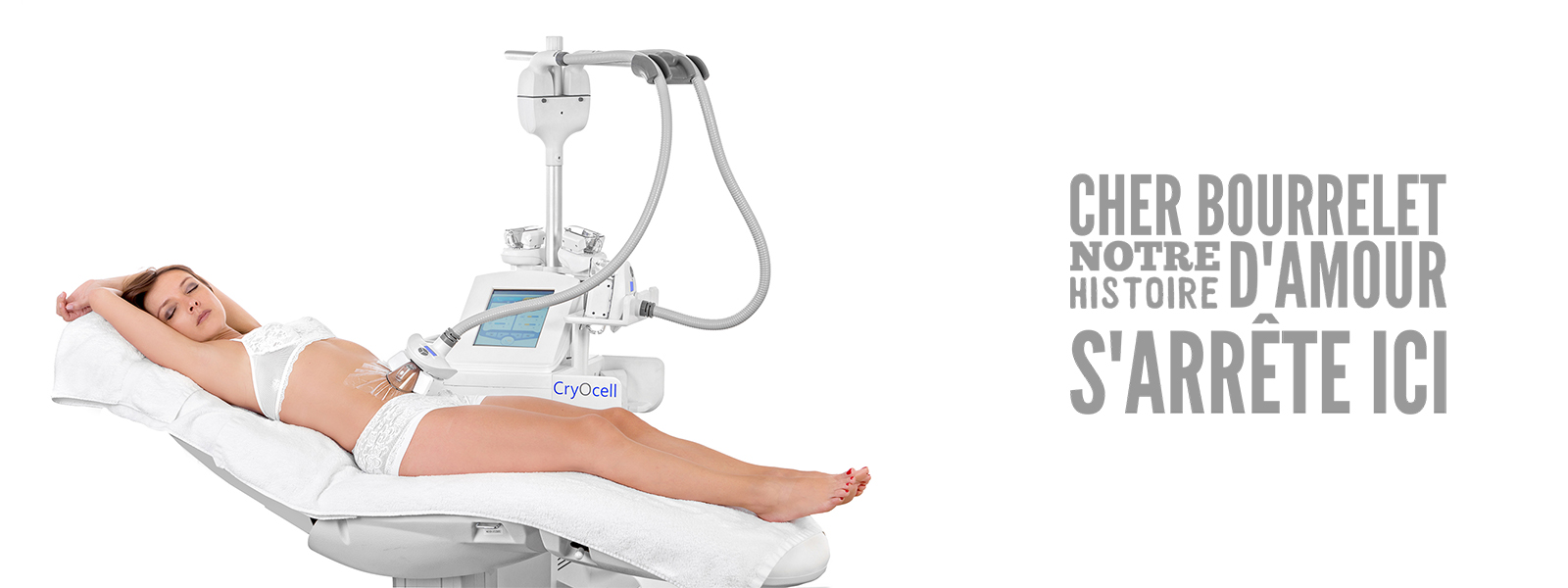 Femme allongée utilisant cryocell avec un texte humoristique